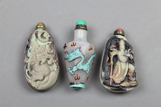 3 modern carved Chinese scent bottles with hardstone stoppers