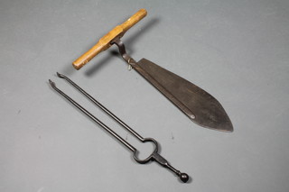 A pair of 18th/19th Century polished steel fire tongs 29" together with a straw knife with pine handle 