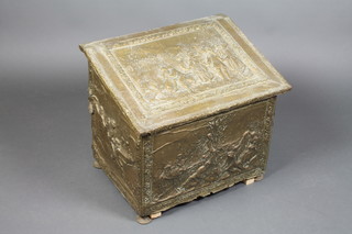 A rectangular embossed brass coal bin with hinged lid decorated a harvesting scene 20"h x 22 1/2"w x 17"d 