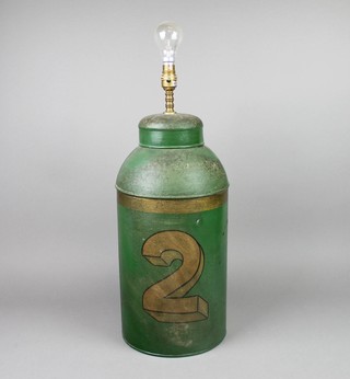 A lamp in the form of a green painted 19th Century tea canister marked 2 8"h 