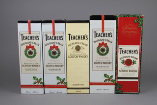 Teachers,  2 x 1litre bottles of Teachers whisky together with 3 70cl bottles of Teachers whisky