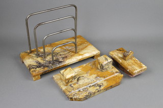 An Art Deco brown veined marble 3 piece desk set comprising letter rack, twin bottle inkwell and blotter 