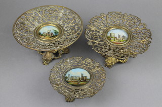 3 Victorian pierced metal tazzas the centres decorated Osborne House, Windsor Castle and Millrose 5 1/2" diam., 7 1/2"h 