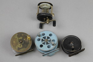 A brass centre pin fishing reel with turned horn handle 2 1/2", an aluminium reel - The Bijou 3", a metal centre pin fishing reel 3" and a DAM fishing reel