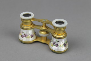 A pair of 19th Century Continental gilt metal and enamelled opera glasses with floral decoration (f) 