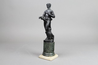 A 19th Century spelter figure of a standing classical God raised on a marble base 10" 