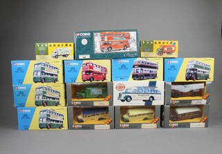 7 Corgi Classic models of buses, 5 Corgi Classic models of commercial vehicles, a Dinky collection model motor coach, 2 Vanguard model commercial vehicles, all boxed