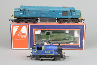 A Lima locomotive marked 20 5101 MW, a Hornby? double headed diesel locomotive marked R75 and a small tank engine