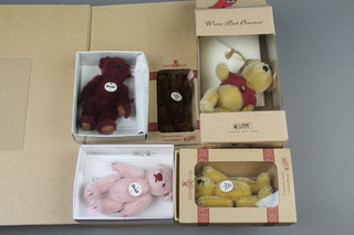 A Steiff 1997 yellow collectors bear 3 1/2", a Steiff 1999 collectors bear, a Steiff 2012 collectors bear 4", ditto 2013, a Steiff Winnie Ornament bear