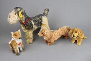 A replica 1935 Steiff model of a standing terrier - Fellow 10", a Steiff figure of a seated yellow dog - Bazi 5", a Steiff figure of a seated fox - Fuchs 7" and a Steiff figure of a Dachshund