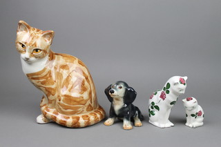 2 Plichta figures of seated cats with typical floral decoration 6" and 3 1/2", f Fulham figure of a cat and a Sylvac dog 