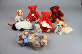 A Steiff Devil teddybear 6 1/2", 2 Steiff red teddy Rot bears 6", 2 Steiff figures of dogs - Bully 4", a Steiff bear - Zooty 1951 6" and a Steiff penguin 5 1/2" 