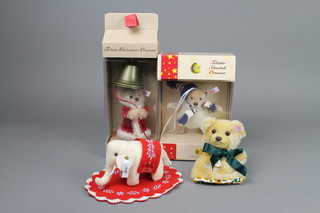 A Steiff Collector's Club limited edition figure of an elephant pincushion with certificate 3", 2 ditto egg cosies, a Steiff teddybear snowball ornament 4" and teddybear bell ringer 4" 