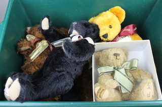 A Dean's yellow teddy bear, purchased at Bentals, 16", 3 brown Merrythought mohair bears 12 1/2", a black Merrythought mohair bear 14" and a Merrythought mohair bear, the pad signed John Lewis 7" 