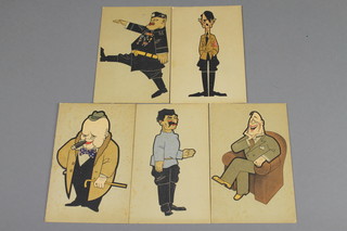 5 humorous coloured postcards - Churchill, Roosevelt, Stalin, Mussolini and Adolf Hitler, the reverse marked Copyright reserved Allerechten Boorbehouden 5 1/2" x 3 1/2"  