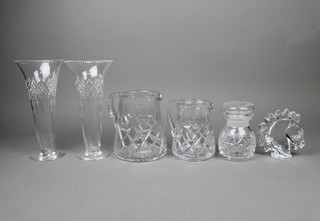 A Studio glass figure of a horses head 4", 2 jugs, a jar and cover and a pair of vases 