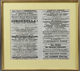 A 19th Century handbill featuring  Vauxhall Gardens, Cinderella, The Fairy Slipper, Old Grandmas Gurton or the Lost Needle and others  13 1/" x 16" 
