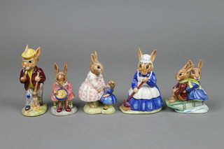 5 Bunnykins figures - Dolly DB8 3", Buntie DB2 3", Mr Bunnykins DB5 3 1/2", Mrs Bunnykins DB6 3 1/2" and Roo and Buntie DB4 3" 