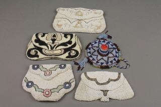 A circular bead work sewing bag in the form of a sombrero complete with thimble 3" and 4 bead work purses