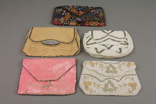 A French pink sequin evening purse, 3 white bead work evening purses and 1 other 