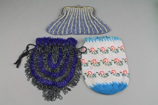 A French bead work bag with plated mounts 6 1/2", a draw string bead work bag 8" and 1 other