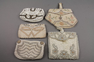 2 French white bead work purses together with 3 evening bags