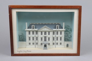 A 3 dimensional architectural model of the front of Kingston Lacy house contained in a mahogany frame 8" x 10 1/2" 