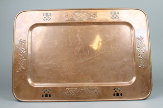 An Art Nouveau embossed and pierced copper rectangular tray 17 1/2"