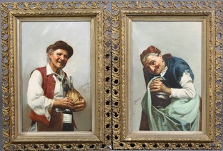 S Maresia, oil paintings, a pair of 19th Century studies of a Continental gentleman holding a bottle of wine and a ditto of an elderly lady holding a pot, signed 15" x 9 1/2" 