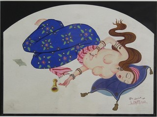 S Chiaty. Watercolour, a study of a semi-naked reclining lady with a cup and letter beside her, signed and dated 12/43, 10 1/2" x 13" 