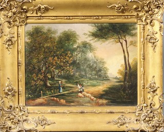 Attrib. to W G Herdman, 19th Century oil painting.  A rural scene with a shepherd and his flock walking through a stream, unsigned 11 1/2" x 11 1/2" with letter from artist to the reverse.