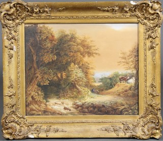 19th Century watercolour.  A Rural study of figures and cattle beside a stream with distant buildings, unsigned, 13" x 16" 