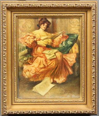 19th Century print.  A study of a lady sitting on a chaise longue, unsigned 9" x 7" 