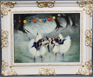 Carlotta Edwards, oil painting.  A stylish study of ice skaters beneath Chinese lanterns, signed, 11 1/2" x 15 1/2" 