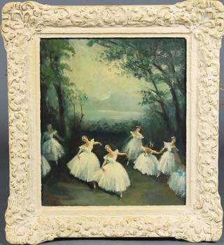 Carlotta Edwards, oil painting.  "Le Sylphides" a study of ballet dancers, signed, label on verso, 13 1/2" x 11 1/2" 