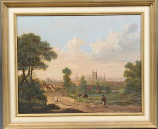 19th Century oil painting.  Study of an extensive landscape view with figures and animals on a lane leading to a town, unsigned 12" x 15", stuck panel