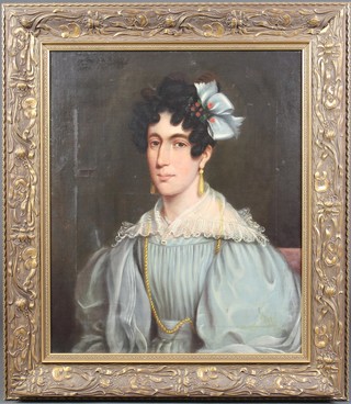 19th Century oil painting, study of a young lady in a blue silk dress with lace collar, unsigned, 