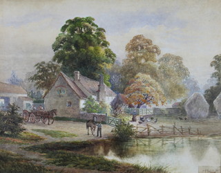 An Edwardian watercolour, a rural study of figures and horses before farm buildings with a lady feeding chickens, unsigned 20" x 26"