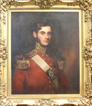 19th Century oil painting. Portrait of a British Army officer, unsigned, re-lined, contained in a gilt frame 29 1/2" x 24 1/4"