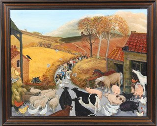 M M Loxton, oil painting, an extensive rural study with animals and figures, the label to reverse inscribed Animal Farm before the battle of the cowshed, signed and dated 1984 21 1/2" x 27" 