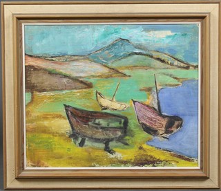 20th Century oil painting, a Continental study of beached fishing vessels on a shore, unsigned, 19" x 23" 