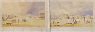 19th Century watercolours, military studies "Camp of Everton 1848" with soldiers before tents, inscribed, unsigned and unframed 13" x 22" 