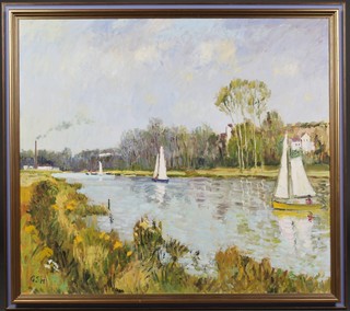 20th Century oil painting, a study of sailing boats on a river with a distant town, indistinctly signed 31 1/2" x 35 1/2" 