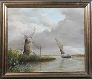 A Cannon, oil painting, a Norfolk scene with vessel before a windmill, signed 19 1/2" x 23 1/2" 
