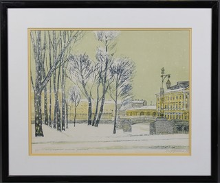 20th Century print, a snowy city scene, indistinctly signed in pencil 15 1/2" x 20" 