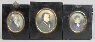 19th Century miniature watercolour, a portrait of a 19th Century gentleman, monogrammed 2 3/4" x 2 1/4", 1 other (f) in gilt acorn mounted frame and a ditto 3 1/2" x 2 3/4" 