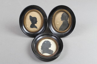 19th Century silhouette miniatures, a study of a gentleman 2 3/4" x 2 1/4", 2 ditto of ladies 2 3/4" x 2 1/4"