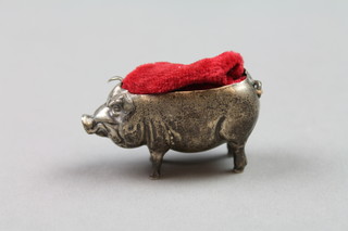 An Edwardian novelty silver pin cushion in the form of a pig, Birmingham 1903 2"