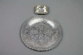 An Arabic silver shallow dish with geometric decoration and a silver ashtray approx 206 grams