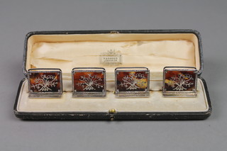 A set of cased four Edwardian silver and tortoiseshell pique rectangular menu holders, Birmingham 1909